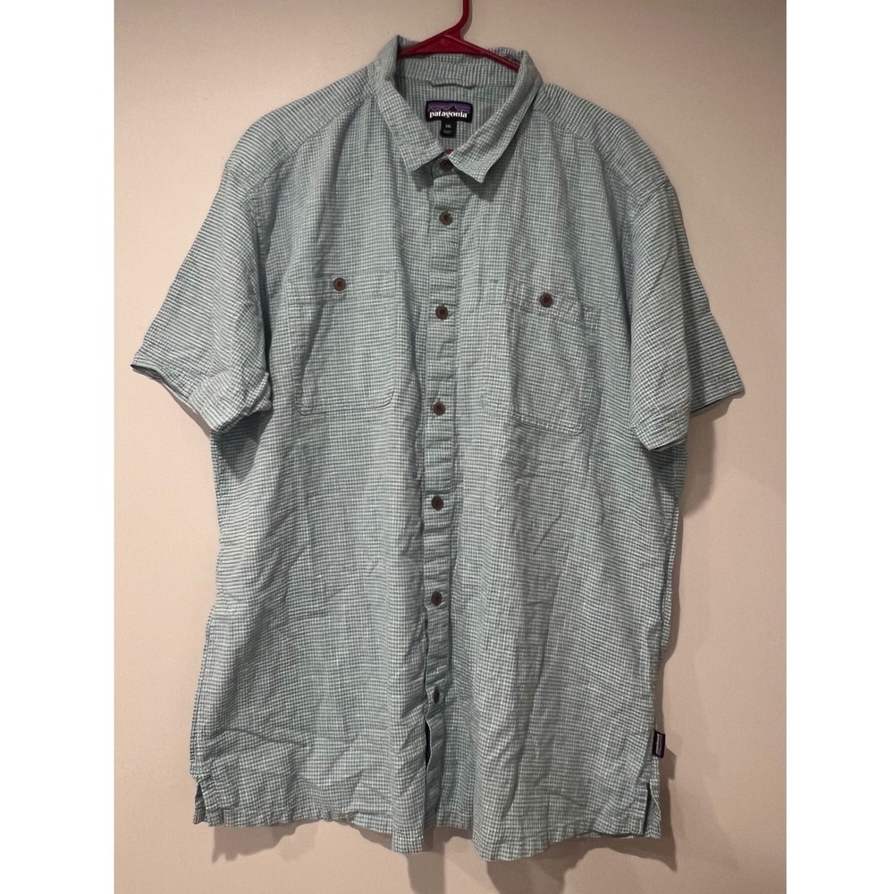 Preppy Patagonia Men's Shirt 2XL Blue Micro Check Button Up Organic Cotton Hemp